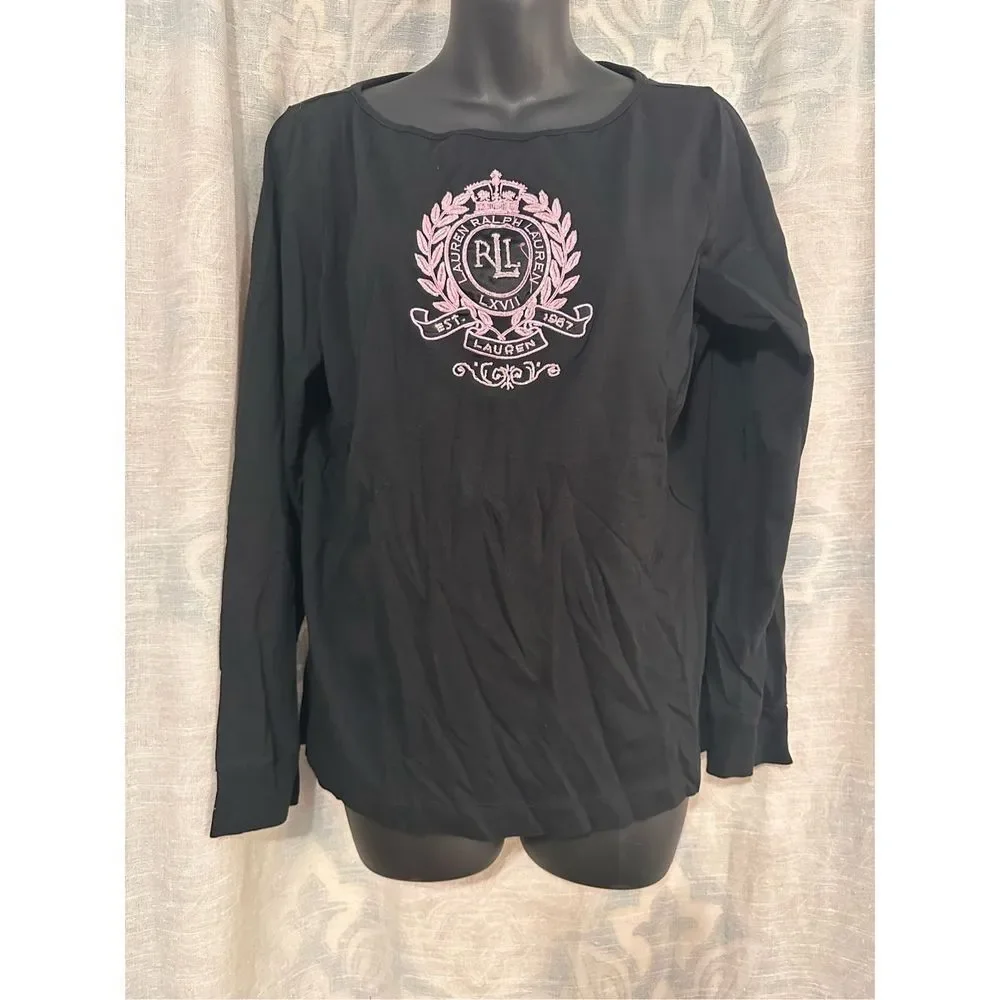 Beautiful Black Label Ralph Lauren Tee Pink Logo  Size XL Long Sleeve BLACK AND
